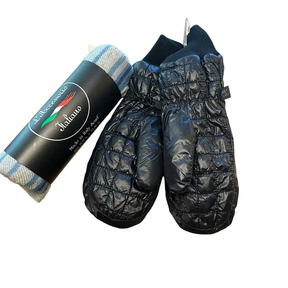 Black Quilted Mittens with Blue Striped Scarf